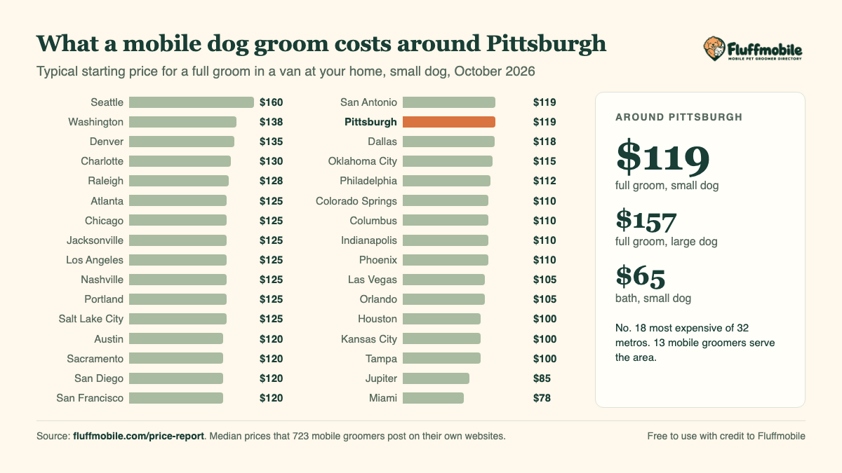 Chart of mobile dog grooming prices around Pittsburgh compared with other metros
